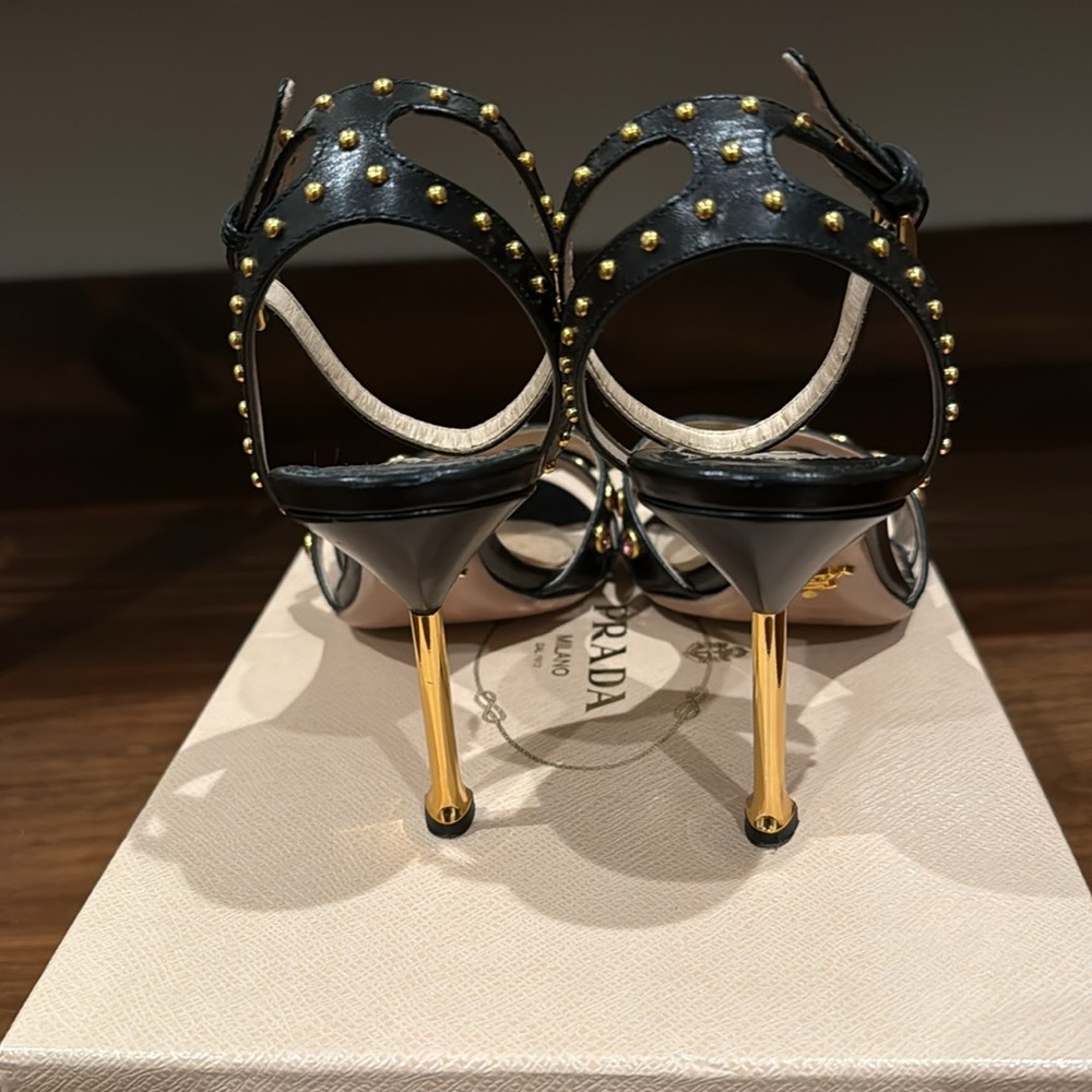 Prada black leather studs sandals gold heels - Picture 2 of 8